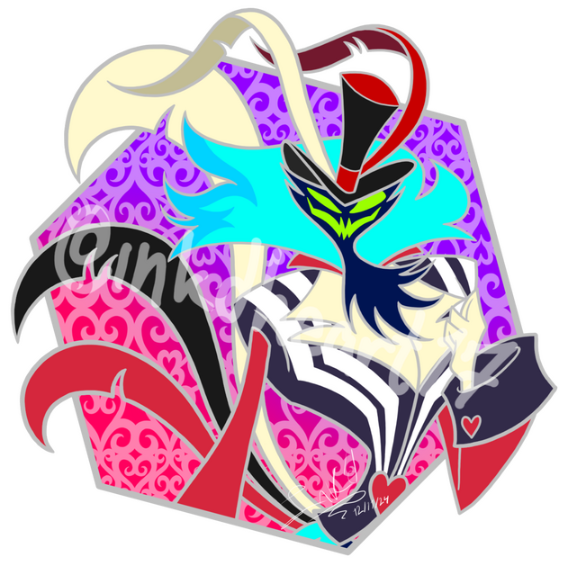 Drawing depicts Ozzie from Helluva Boss over a gradient background. This design was made to match the Bee Pin design The gray lineart is meant to depict what a pin with a silver metal might look like with this design.