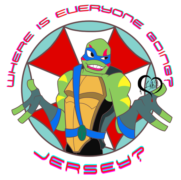 This crossover design was a play on the name "Leon". It uses a quote by Leon Kennedy from the Resident Evil Franchise: "Where is everyone going? Bingo?" and changes it to say "Jersey?" instead as "Neon Leon" from the Rise of the Teenage Mutant Ninja Turtle