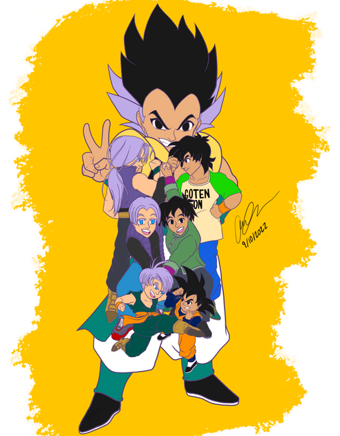 Drawing depicts Trunks and Goten from the Dragon Ball franchise in 3 of their iconic outfits at different ages stacked over each other. They are also stacked over an enlarged image of Gotenks, their fused version, in his iconic victory pose.