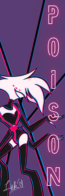This bookmark was based off the song "Poison" by Angel Dust from the Hazbin Hotel series. the lack of eyes was meant to give it a more simplistic look to highlight the neon edge of the off-set outline.