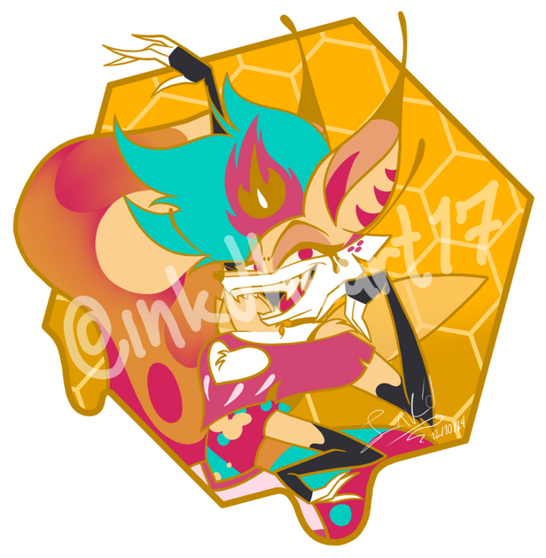 Drawing depicts Bee from Helluva Boss over a honeycomb background. This design was suggested to be made into a pin. The golden lineart is meant to depict what a pin with a golden metal might look like with this design.