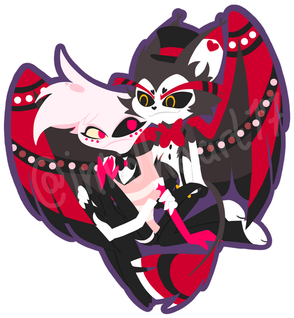 Drawing depicts Angel Dust and Husker from the Hazbin Hotel series. This drawing was made without the use of outlining lineart.