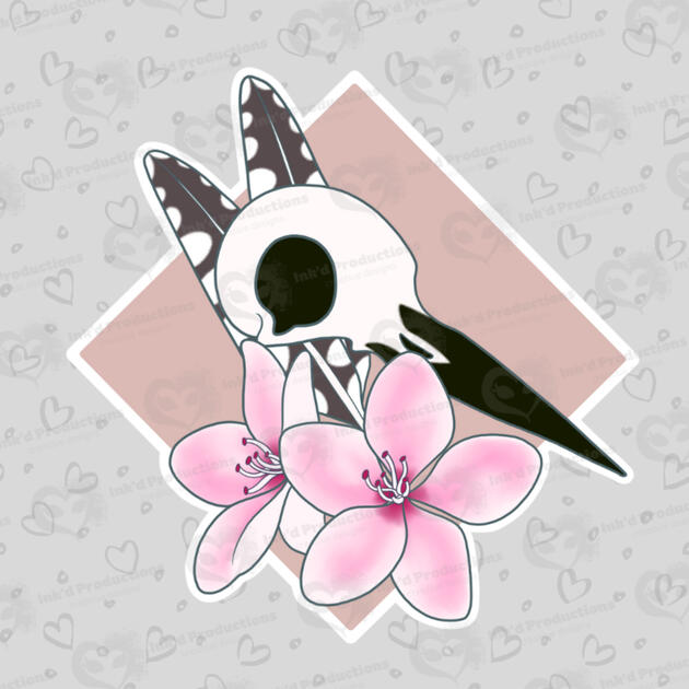 A woodpecker skull with two woodpecker feathers, two cherry blossom flowers, and a mauve-rose background