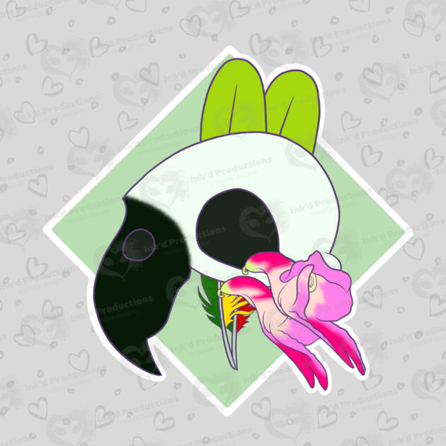 A parrot skull with two parrot feathers, two parrot flowers, and a light green background