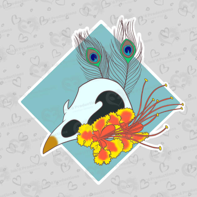 A peacock skull with two peacock feathers, two peacock flowers, and a light teal background