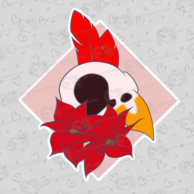 A cardinal skull with two cardinal feathers, two poinsettia flowers, and a light red background