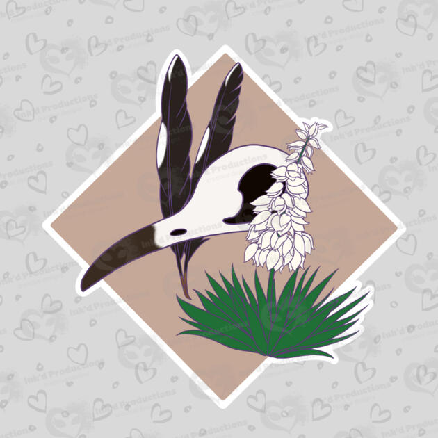 A roadrunner skull with two roadrunner feathers, a yucca plant with flowers, and a light tan background