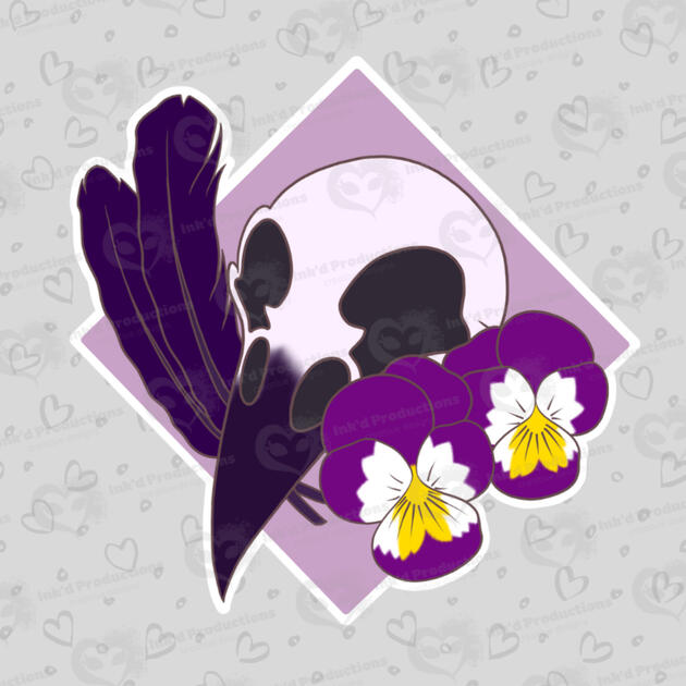 A raven skull with two raven feathers, two pansy flowers, and a lilac background