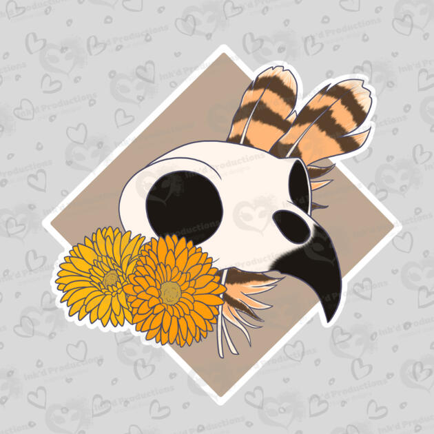An owl skull with two owl feathers, two daisy flowers, and a light tan background