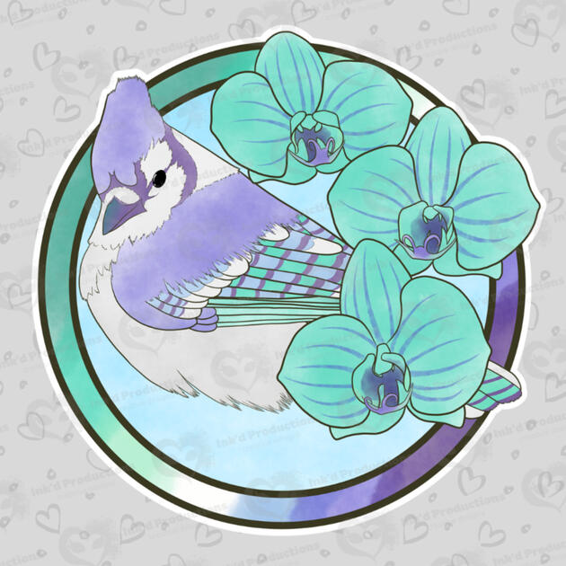 A bluejay with a trans-inclusive male gay flag ring border, three orchid flowers, and a light blue background