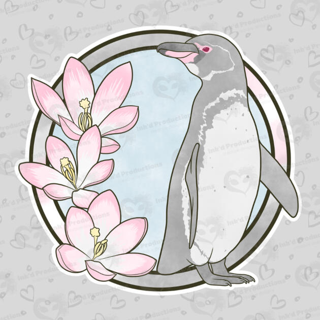 A galapagos penguin with a demi girl flag ring, 3 light pink rain lily flowers, and a light blue background