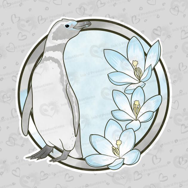 An african penguin with a demi boy flag ring border, 3 light blue rain lily flowers, and a light blue background