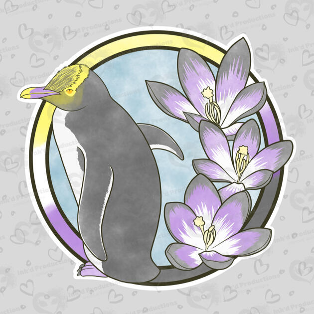 A yellow-eyed penguin with a non-binary flag ring border, 3 multicolor rain lily flowers, and a light blue background