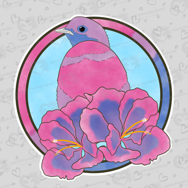 A banded contiga with a bisexual flag ring border, two hibiscus flowers, and a light blue background
