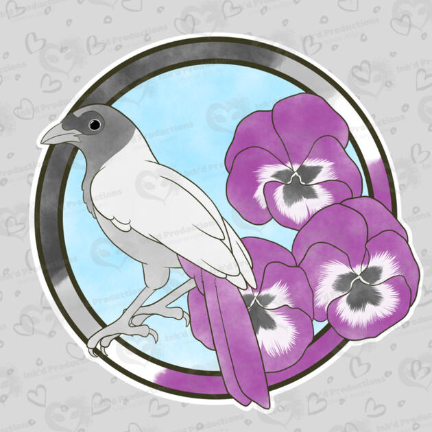 A purplish jay with an asexual flag ring border, three pansy flowers, and a light blue background