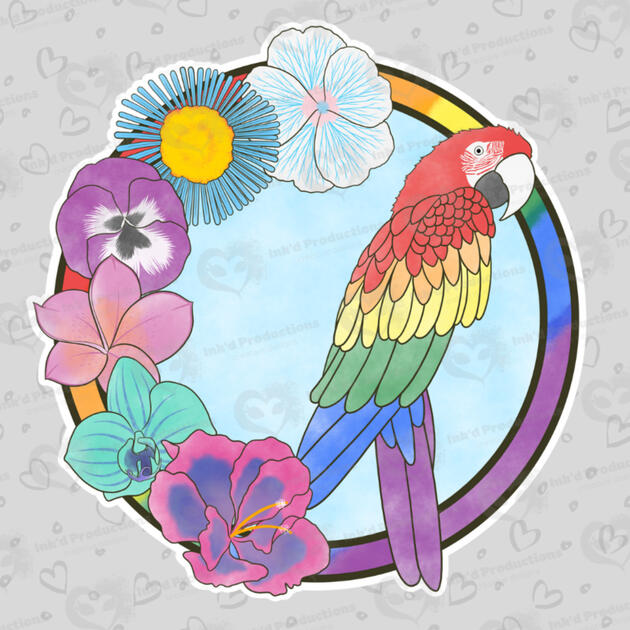 A red macaw with a rainbow ring border, six flowers pertaining to the other designs in the Chirp Series, and a light blue background