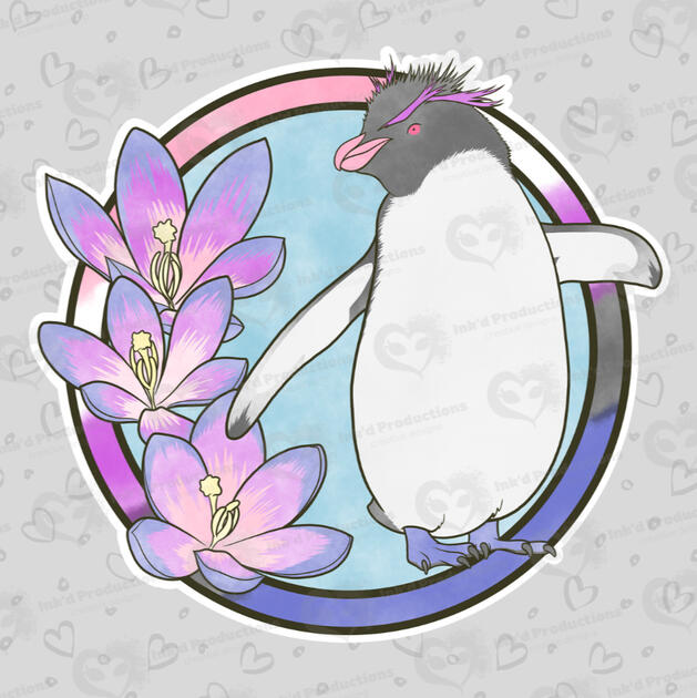 An erect crested penguin with a gender fluid flag ring border, 3 multicolor rain lily flowers, and a light blue background
