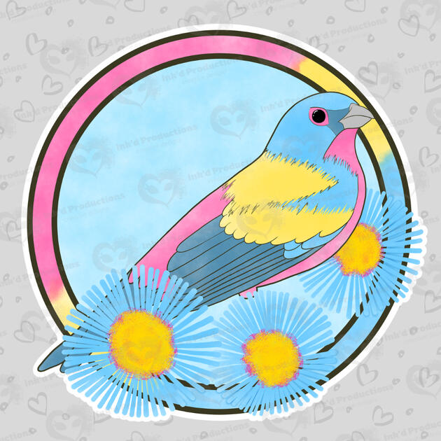 A painted bunting with a pansexual flag ring border, three daisy flowers, and a light blue background