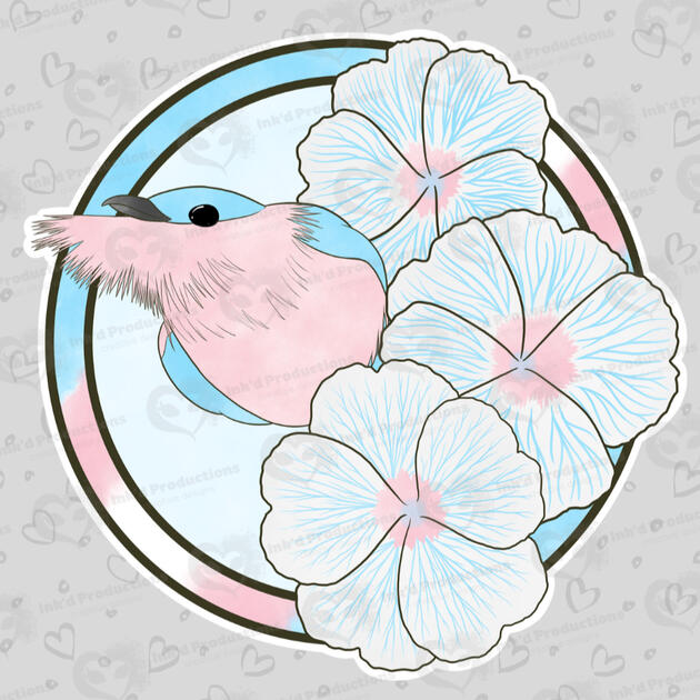 A golden-collared manakin with a trans flag ring border, three flowers, and a light blue background