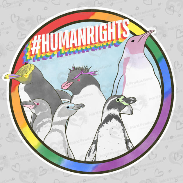 Six penguins from the other Pengu Series designs with a rainbow ring border, text that reads #HumanRights and a light blue background