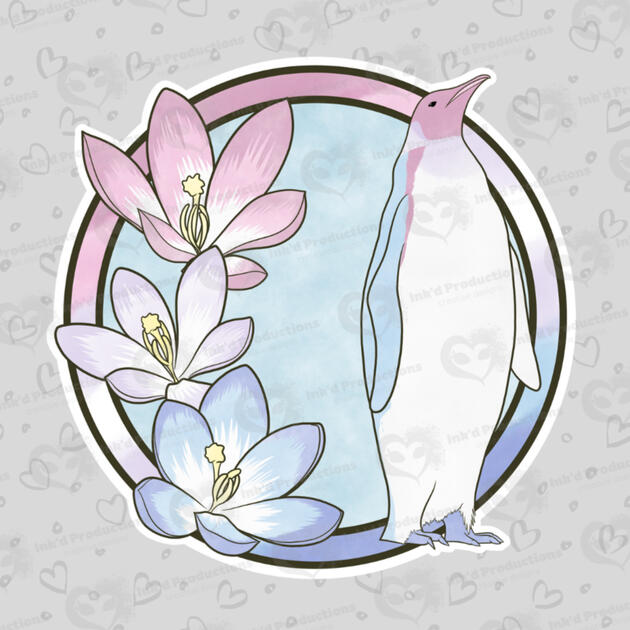An emperor penguin with a bigender flag ring border, 3 rain lily flowers that are light pink, light purple, and light blue, and a light blue background