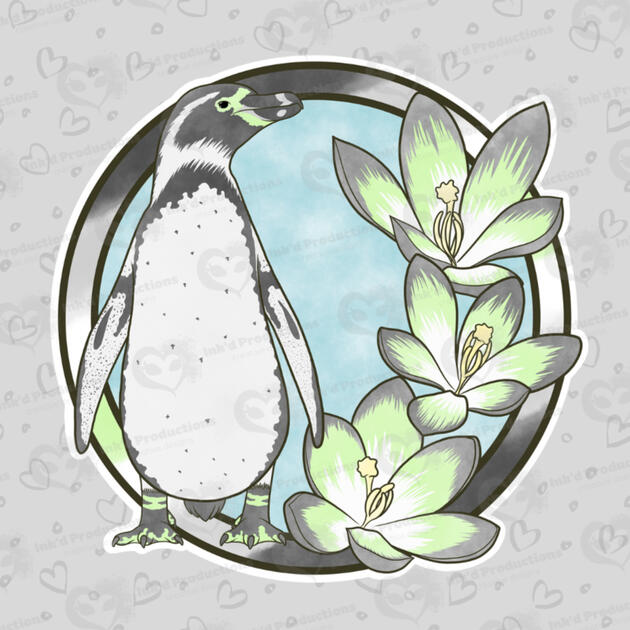 A humboldt penguin with an agender flag ring border, 3 multicolor rain lily flowers, and a light blue background