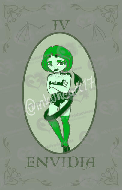 The embodiment of envy, Envidia is givena green hue and is depicted to have insecurities over lacking features, such as her small horns and short hair. Envidia is purposely given the least amount of detail to highlight her envious nature.
