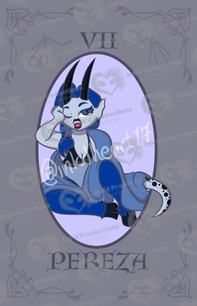 The embodiment of sloth, Pereza is given an indigo hue and is depicted to be yawning. Her straight hair and horns give off a simplistic look to heighten her "lazy" demeanor.