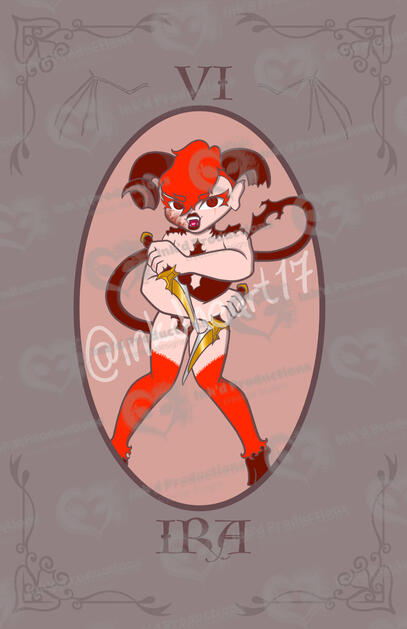 The embodiment of wrath, Ira is given a red hue and is depicted as the only one with broken horns, weapons, and scars.