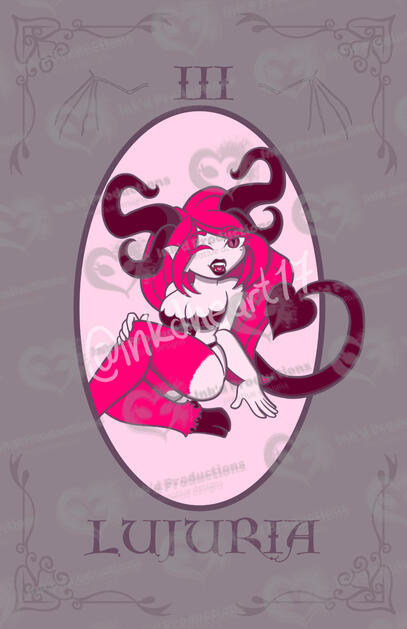 The embodiment of lust, Lujuria is given a pink tone to give a pseudo look of "love". She is depicted to be flirting and has the most curves in both her horns and tail, with a tip in shape of a heart, out of the bunch.