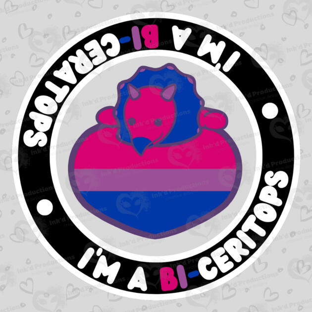 A bisticeratops themed after the bisexual flag laying on top of a bisexual flag-themed heart, text around in black border reads: "I'm a BI-ceratops" twice
